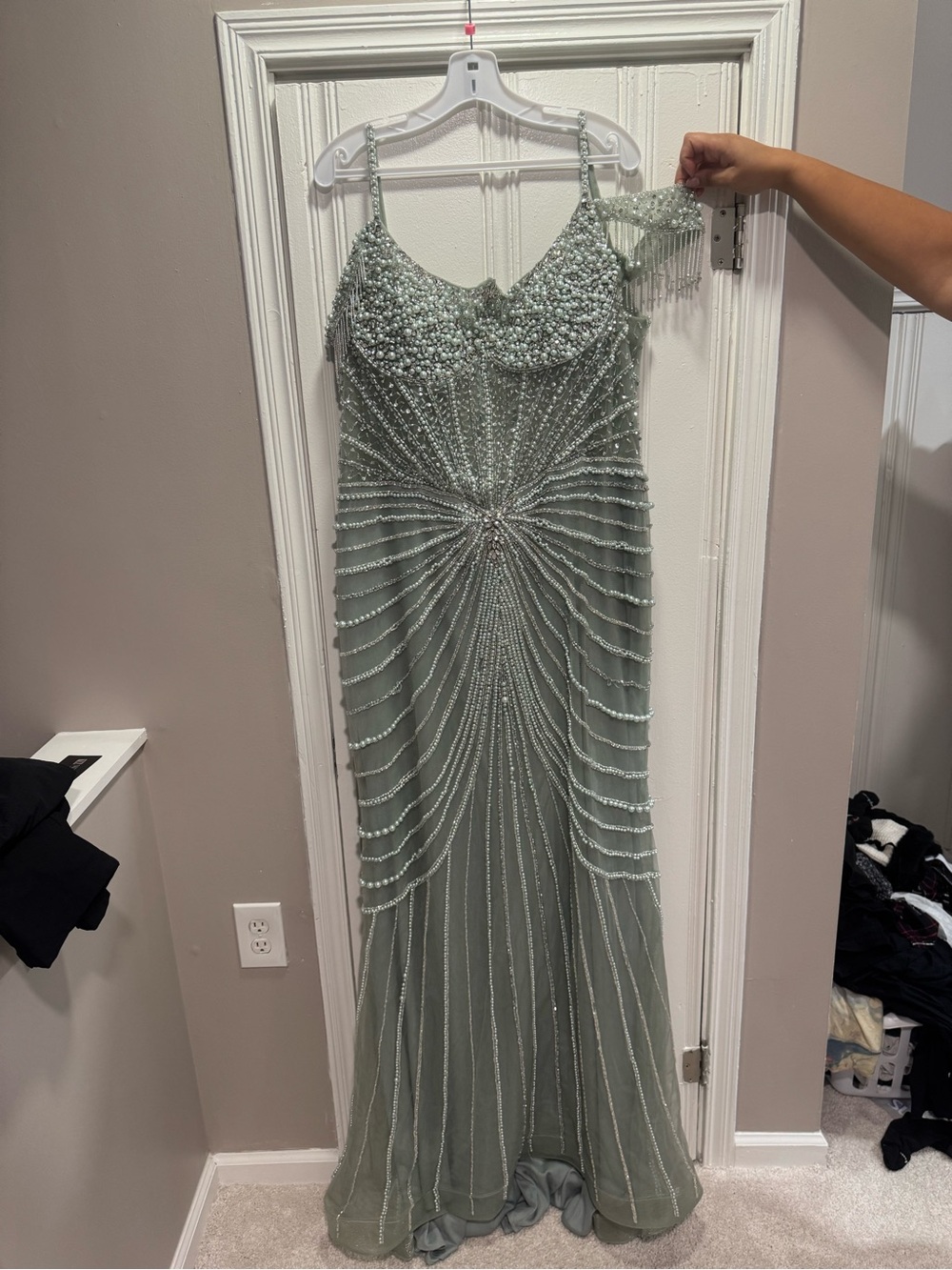 Embellished Sage Prom Gown with Fringe Shoulder Detail